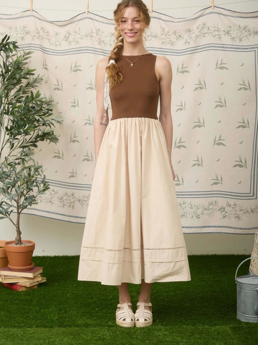 Blu Pepper Brown & Cream Midi Dress
